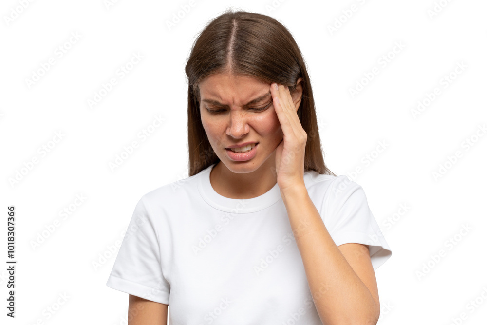 Young woman suffering from headache, head pain or migraine Young woman suffering from headache, head pain or migraine