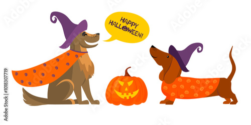 Happy Halloween greeting card with dachshund dog. Dachshund in Halloween costume. Halloween Dog  Design Bundle. Set of dogs wearing costumes. Cute Pets dressed for carnival party cartoon vector 