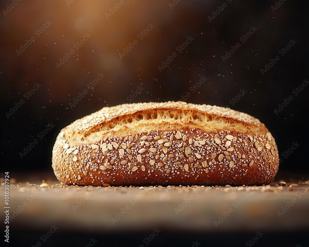Freshly baked artisanal bread showcasing a crispy crust and golden color, beautifully illuminated against a dark background, highlighting its texture and warmth. Freshly baked artisanal bread showcasing a crispy crust and golden color, beautifully illuminated against a dark background, highlighting its texture and warmth.