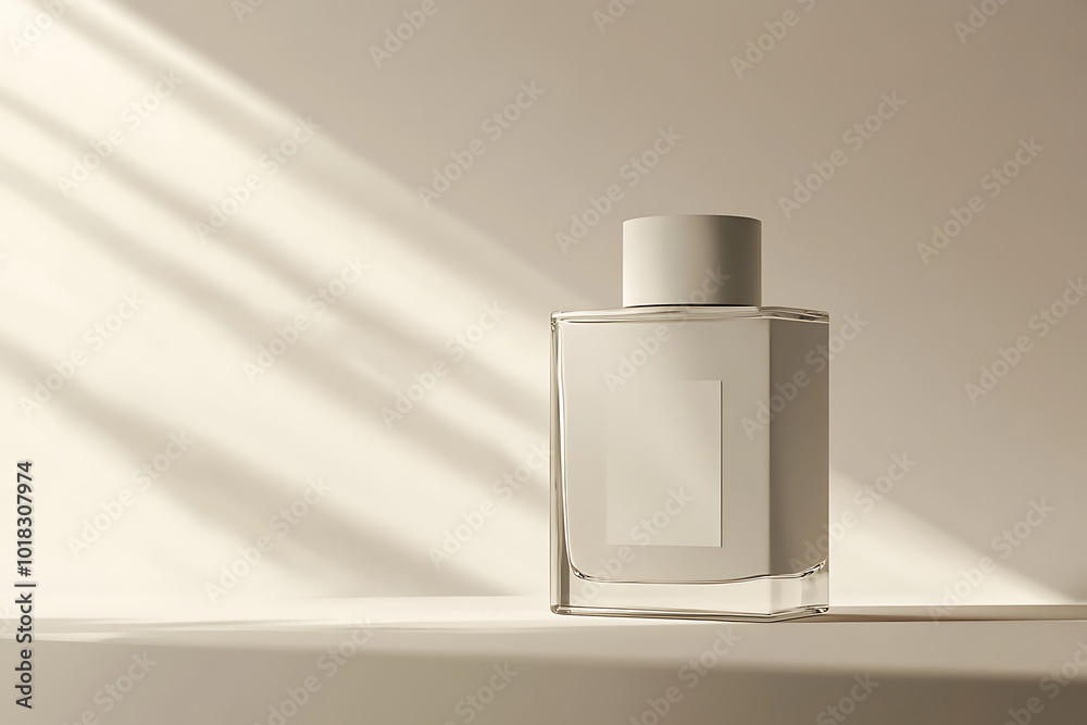 A sleek mockup of an empty perfume bottle with a minimalist and modern design A sleek mockup of an empty perfume bottle with a minimalist and modern design
