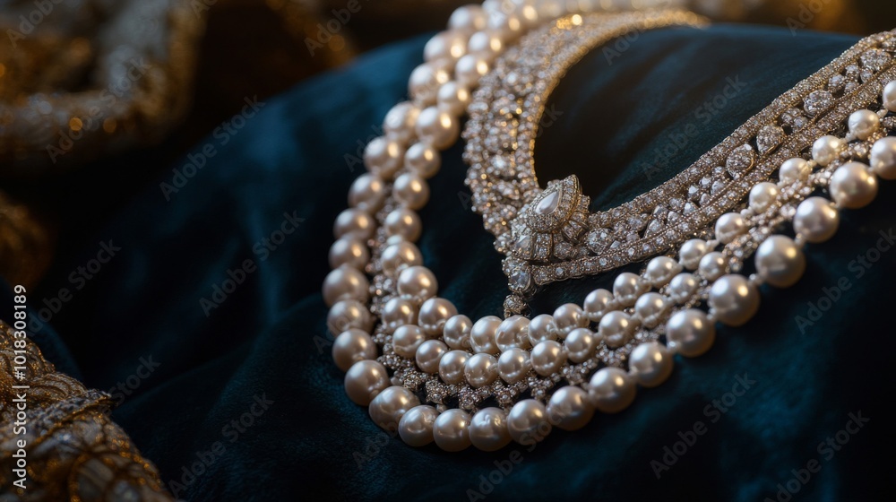 A Diamond and Pearl Necklace on a Green Velvet Surface A Diamond and Pearl Necklace on a Green Velvet Surface