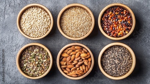 A variety of grains, seeds, and cereals are poured into round wooden bowls, arranged on a textured surface, highlighting natural, wholesome ingredients.
