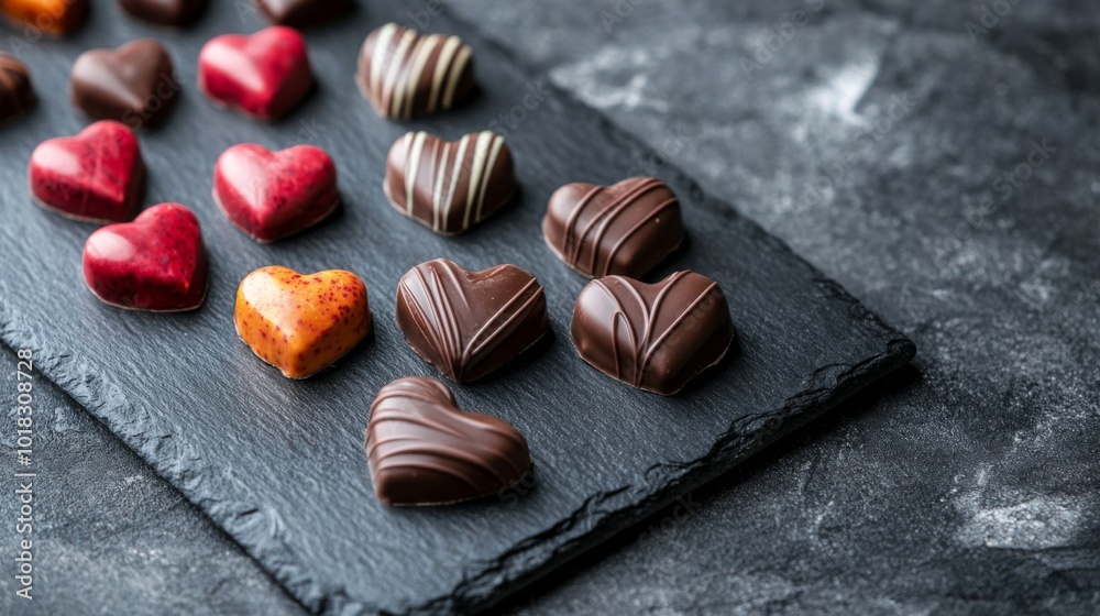 Assorted Heart-Shaped Chocolates on Black Slate Assorted Heart-Shaped Chocolates on Black Slate