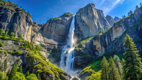 Mountain and waterfall viewed from below with clear blue sky