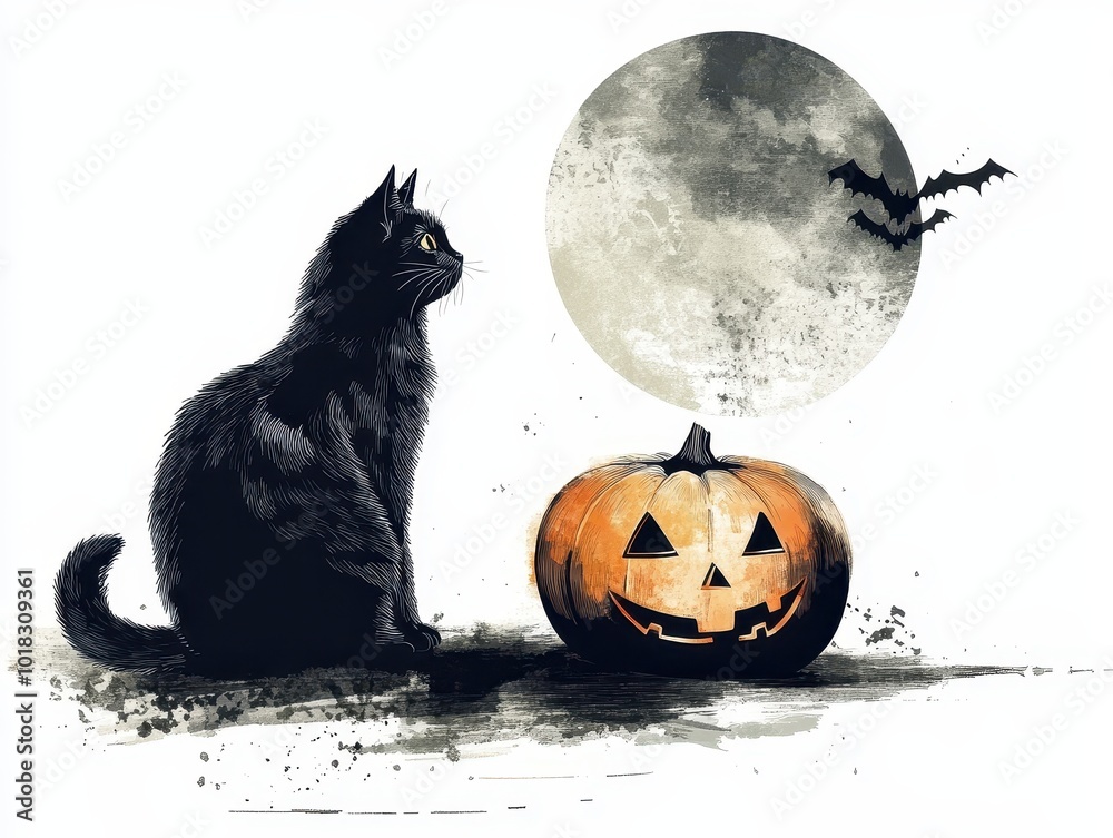 Fototapeta premium Black Cat, Jack-o'-Lantern, and Full Moon with Bats Flying