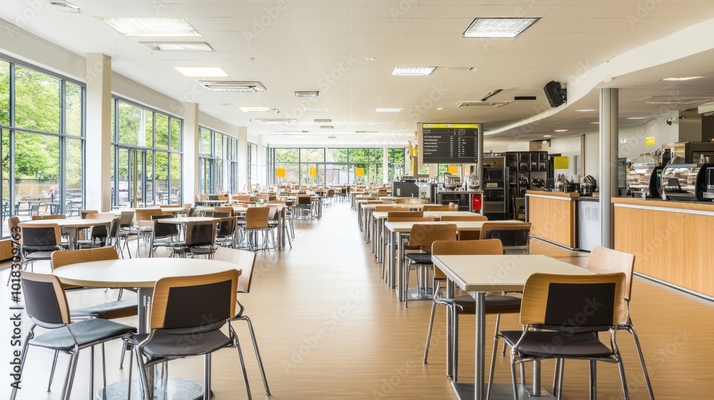 A wide view of a bright and spacious school canteen, featuring rows of tables and chairs neatly arranged in a self-service layout. A wide view of a bright and spacious school canteen, featuring rows of tables and chairs neatly arranged in a self-service layout.