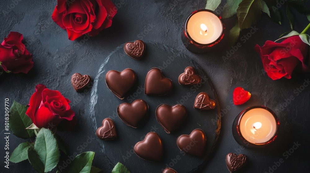 Chocolate Hearts, Roses, and Candles on a Dark Background Chocolate Hearts, Roses, and Candles on a Dark Background