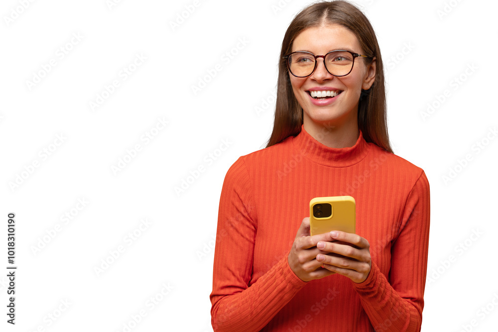 Smiling woman having fun browsing social media network on phone Smiling woman having fun browsing social media network on phone