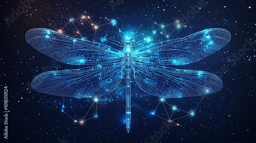 Cosmic dragonfly amidst celestial constellations, featuring luminous networks and star-like glows, creating a delicate interplay of nature and the galaxy. photo