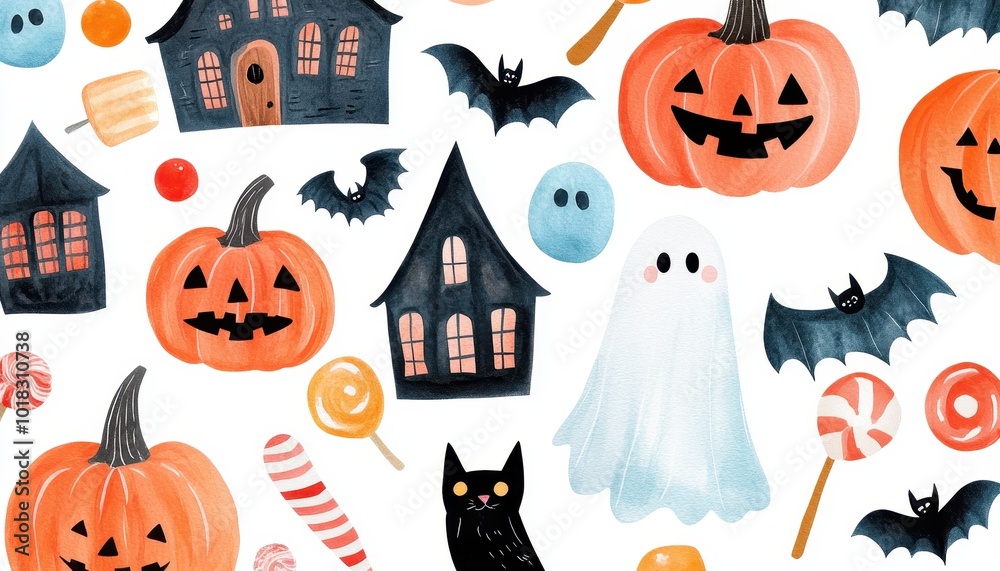 Fototapeta premium Watercolor Halloween Illustration with Pumpkins, Bats, and Houses