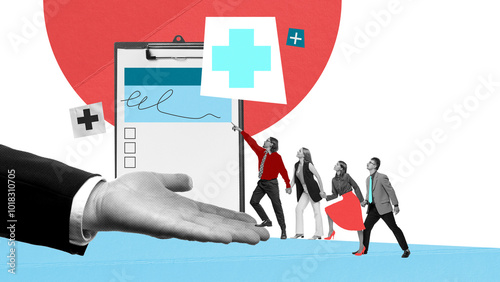 Medical team standing ready to provide care, shield in hand. Cover for essential health services. Contemporary art collage. Concept of medicine, insurance, business, treatment