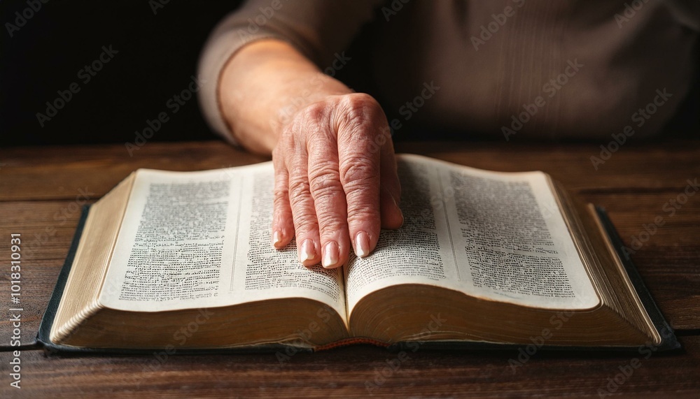 A middle-aged hand, palm down, placed softly on an open Bible on a plain wooden table. A middle-aged hand, palm down, placed softly on an open Bible on a plain wooden table.