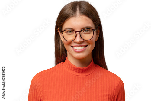 Headshot of smiling intelligent businesswoman feeling confident