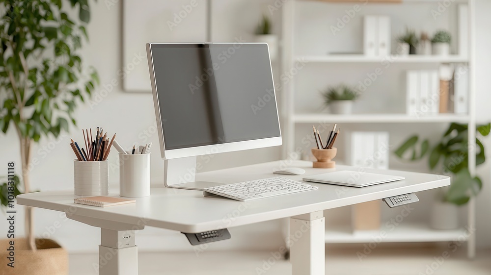 Modern workspace with a computer, plants, and organized office supplies on a stylish desk. Modern workspace with a computer, plants, and organized office supplies on a stylish desk.
