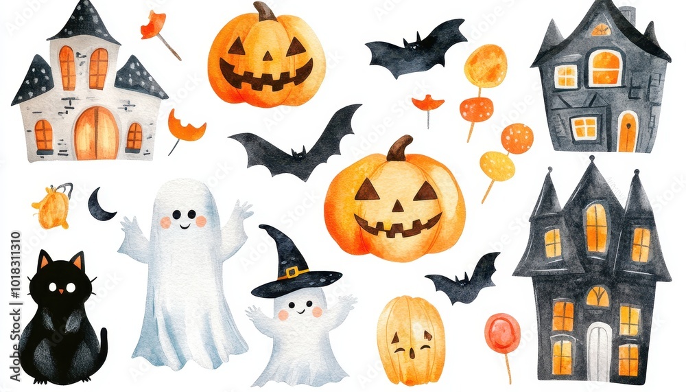 Watercolor Halloween Illustration with Pumpkins, Ghosts, Bats, and Houses Watercolor Halloween Illustration with Pumpkins, Ghosts, Bats, and Houses