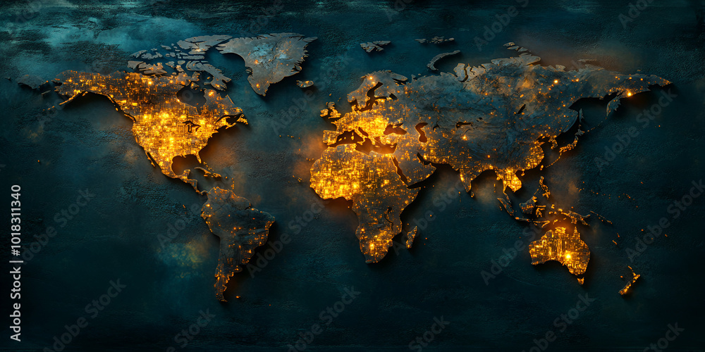 Obraz premium Global Connectivity: Illuminated World Map at Night