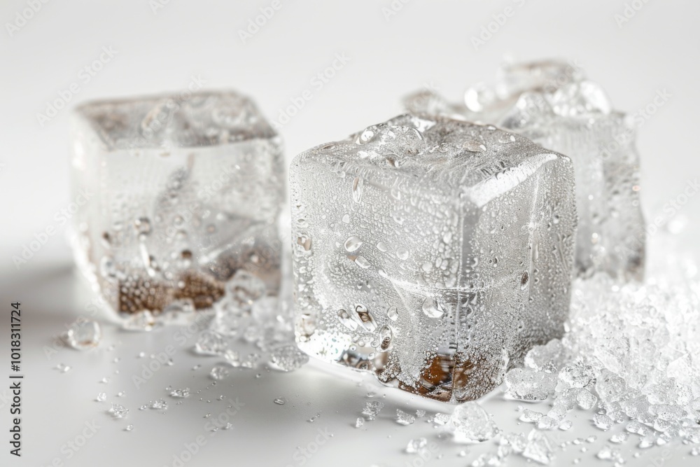 Three Ice Cubes on White Background, High Resolution, Raw Style Three Ice Cubes on White Background, High Resolution, Raw Style