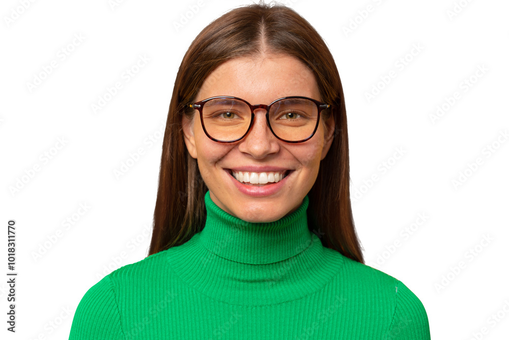 Headshot of student girl in stylish glasses smiling at camera with enthusiasm Headshot of student girl in stylish glasses smiling at camera with enthusiasm