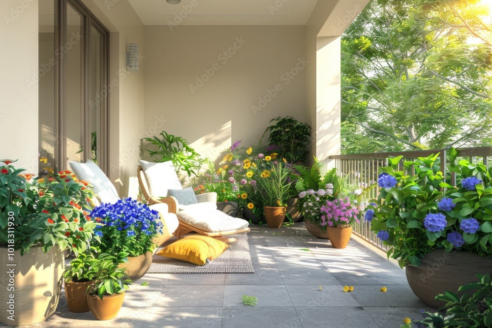 Fototapeta premium 3D Rendering of a Bright Summer Terrace with White Chairs, Green Yellow Pillows, and Colorful Flowers.
