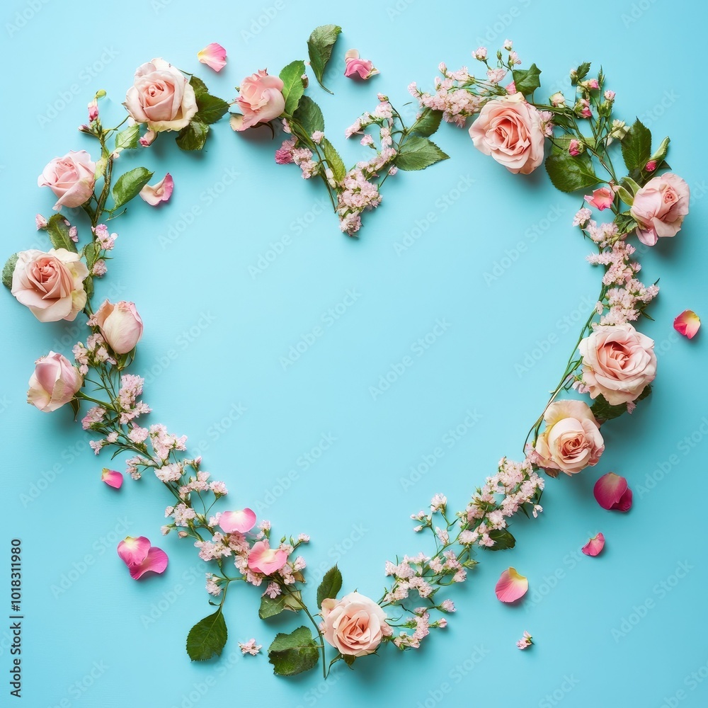 Love card with flowers around over a blue background Love card with flowers around over a blue background