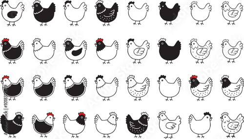 silhouettes chicken, hen. rooster. black isolated white background