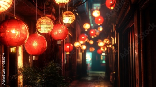 Red Lanterns Illuminating a Dark Alleyway