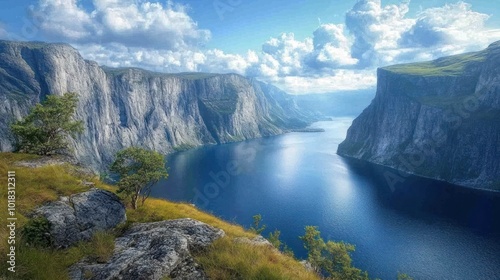 A breathtaking view of a deep blue fjord surrounded by tall, steep cliffs and lush green vegetation under a bright blue sky with fluffy white clouds.