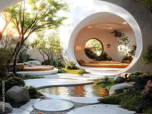 A peaceful scene in a futuristic garden photo