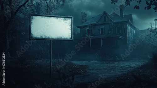 Blank Signpost in Front of a Creepy House in the Dark photo