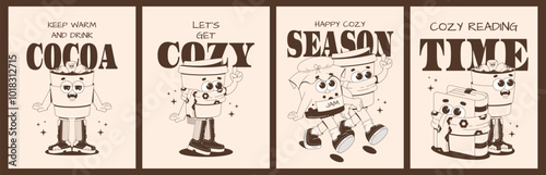 Set of cozy posters for winter and autumn seasons. Retro 70s cards with cute groovy characters. Mascots for restaurant. Monochrome palette