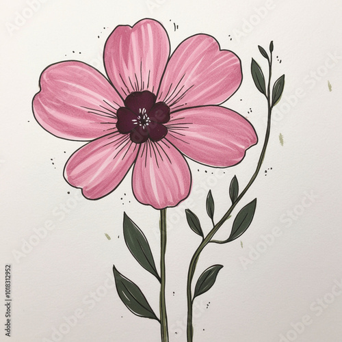 Hand-drawn Illustration of Flower - Large, Pink Petals With Darker Pink Center - Flower Art Design Png