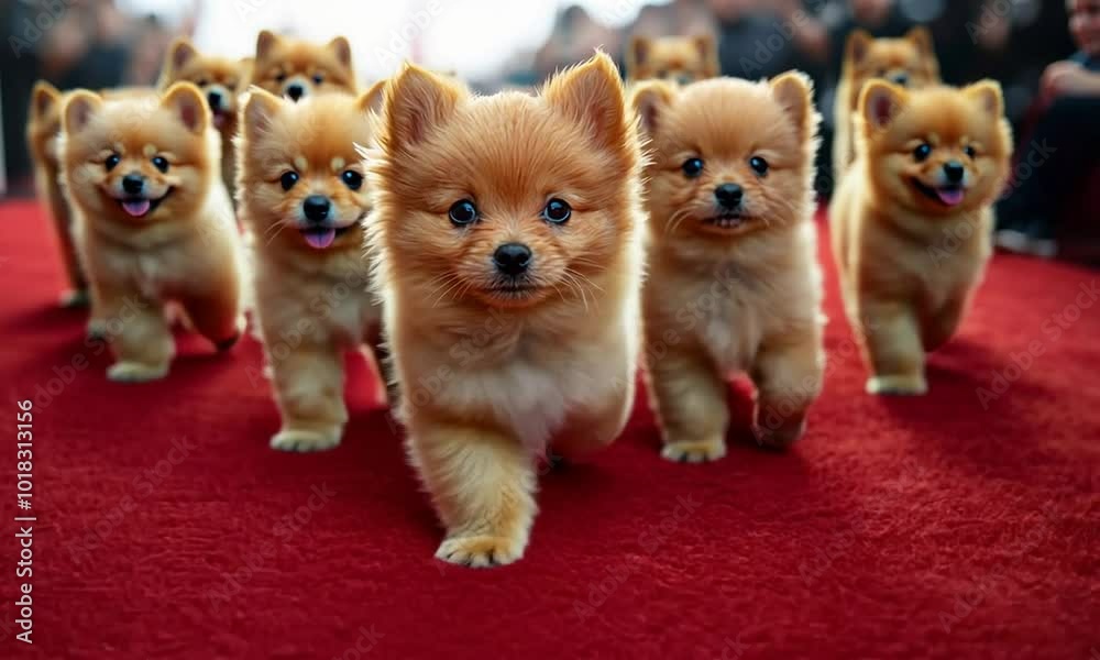 A group of adorable Pomeranian puppies walking on a red carpet. A group of adorable Pomeranian puppies walking on a red carpet.