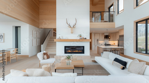 Modern living room with wooden accents, featuring cozy fireplace, stylish furniture, and large windows that bring in natural light. space exudes warmth and elegance