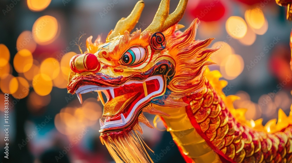 Close-up of a Golden and Red Dragon Head Costume Close-up of a Golden and Red Dragon Head Costume