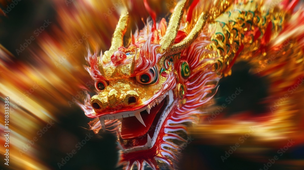 A Close-Up of a Red and Gold Dragon Costume Head in Motion A Close-Up of a Red and Gold Dragon Costume Head in Motion