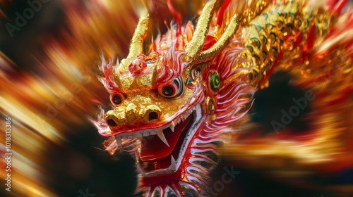 A Close-Up of a Red and Gold Dragon Costume Head in Motion