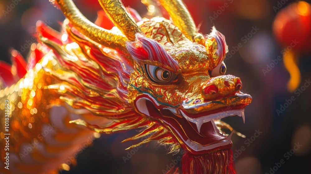 Close-up of a Golden Dragon Head with Red Accents Close-up of a Golden Dragon Head with Red Accents