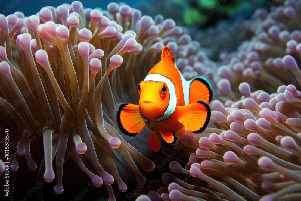 Vibrant Clownfish Among Sea Anemones Underwater Scene Vibrant Clownfish Among Sea Anemones Underwater Scene