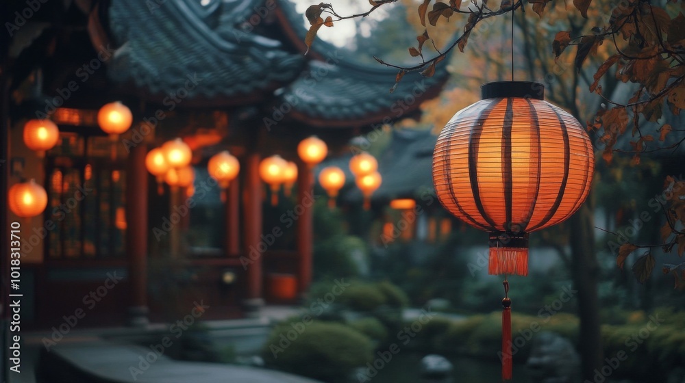 Illuminated Chinese Lantern Hanging in a Garden Illuminated Chinese Lantern Hanging in a Garden