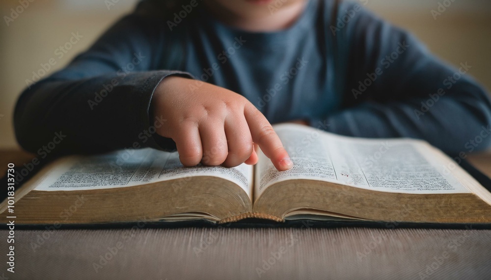 A child's small hand touching the center of an open Bible A child's small hand touching the center of an open Bible