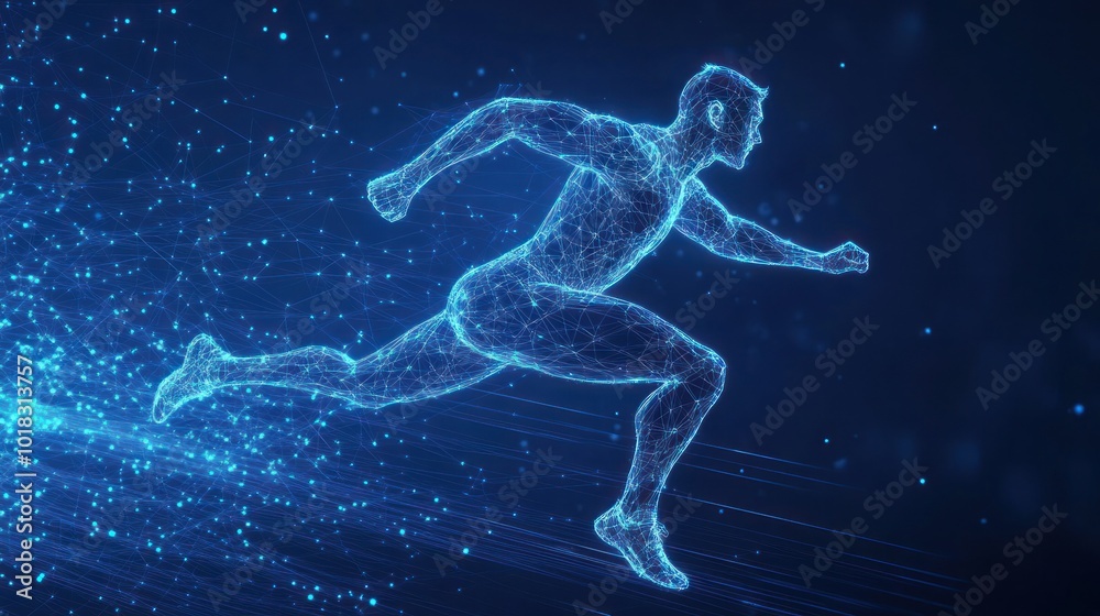 Blue wireframe hologram of athlete running for sport technology and futuristic digital elements. Blue wireframe hologram of athlete running for sport technology and futuristic digital elements.