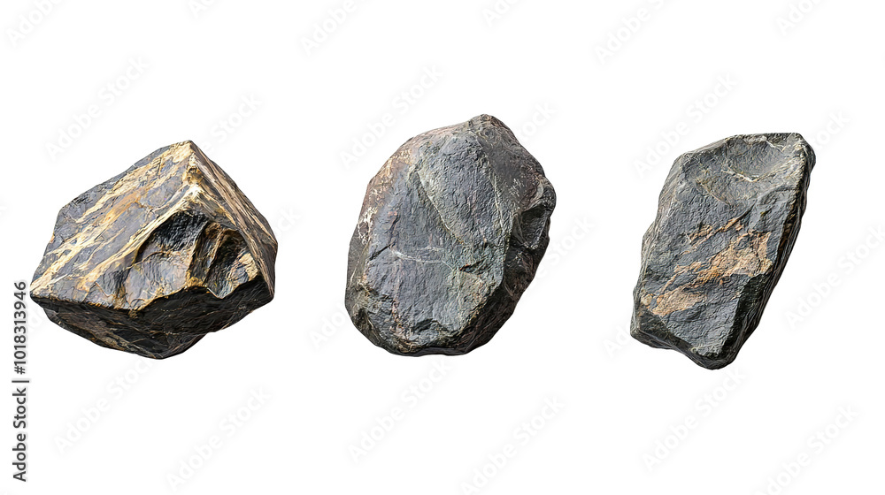 Flat lay set of three Hard rocks stone shape on isolated transparent backgrounds Flat lay set of three Hard rocks stone shape on isolated transparent backgrounds