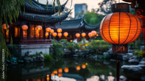 Illuminated Chinese Lantern Hanging Over a Pond with a Traditional Building in the Background