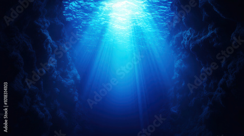 Serene Freediver in Ethereal Cave, a tranquil underwater scene depicting a diver ascending toward a sunlit cave entrance, surrounded by vivid blue hues and textured walls.