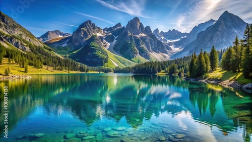 Mountain landscape with blue lake and peaks