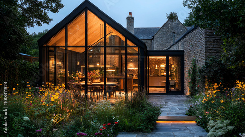 A modern glass house with warm, inviting glow at dusk, surrounded by vibrant flowers and greenery. architectural design blends nature with contemporary living, creating serene atmosphere