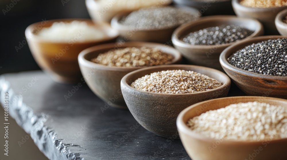 Closeup of grains and seeds such as quinoa, rice, and chia being poured into rustic bowls on a natural stone surface, emphasizing healthy foods. Closeup of grains and seeds such as quinoa, rice, and chia being poured into rustic bowls on a natural stone surface, emphasizing healthy foods.