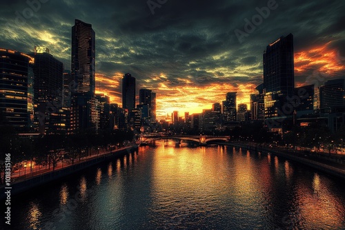 Melbourne City Skyline at Twilight Reflecting in Yarra River photo