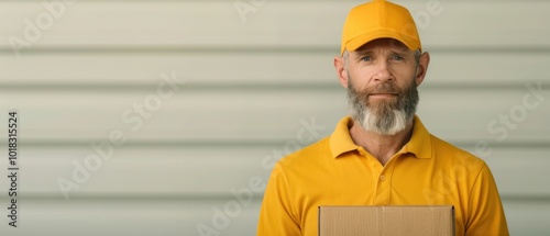 Reliable Delivery Service Meet Your Friendly Package Handler in Bright Yellow Uniform photo