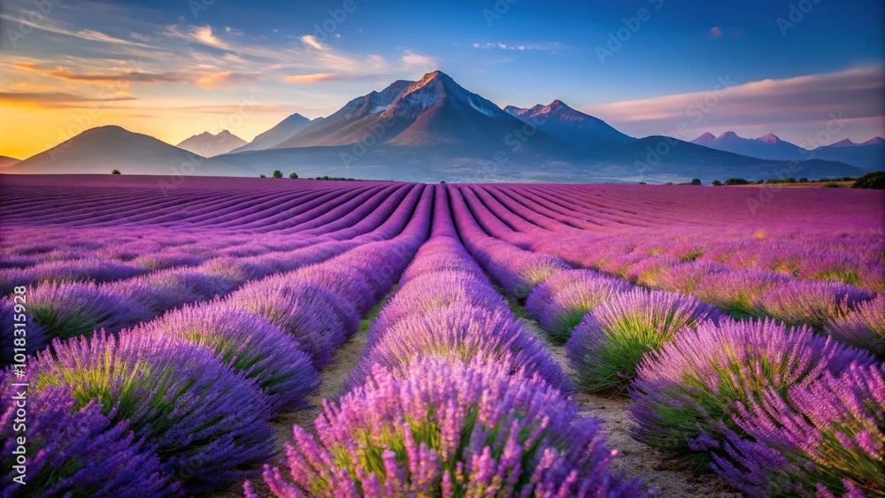 Naklejka premium Mountain landscape with lavender fields silhouette